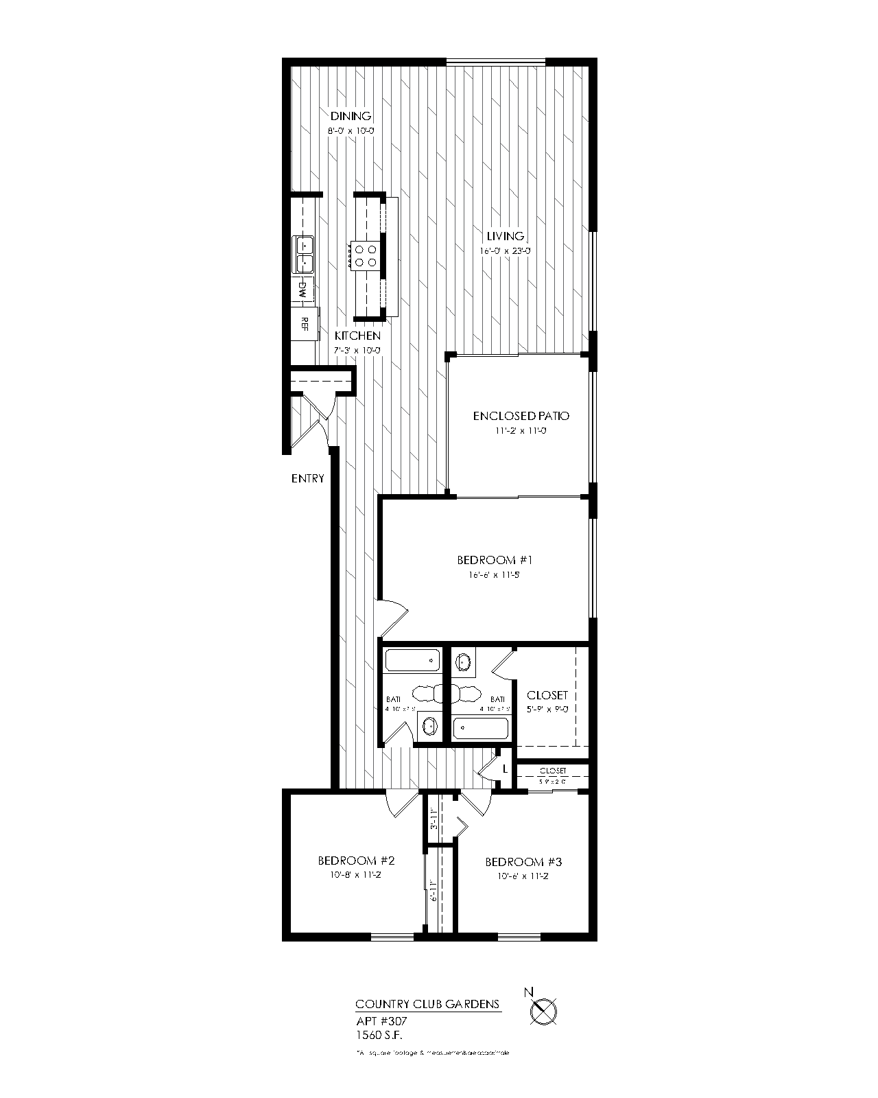 Floor plan for 3 beds, 2 baths, 1560 sqft
